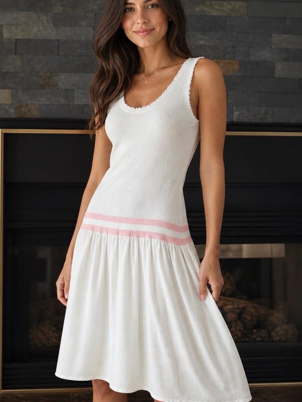 New Minnie Rose White Knit Drop-Waist Mini Dress with Pink Stripe
